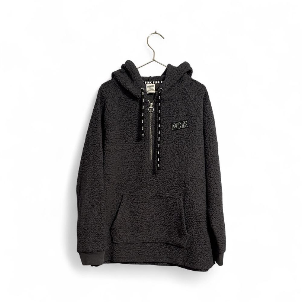 Victoria’s Secret PINK charcoal grey Sherpa half zip Large hooded sweater